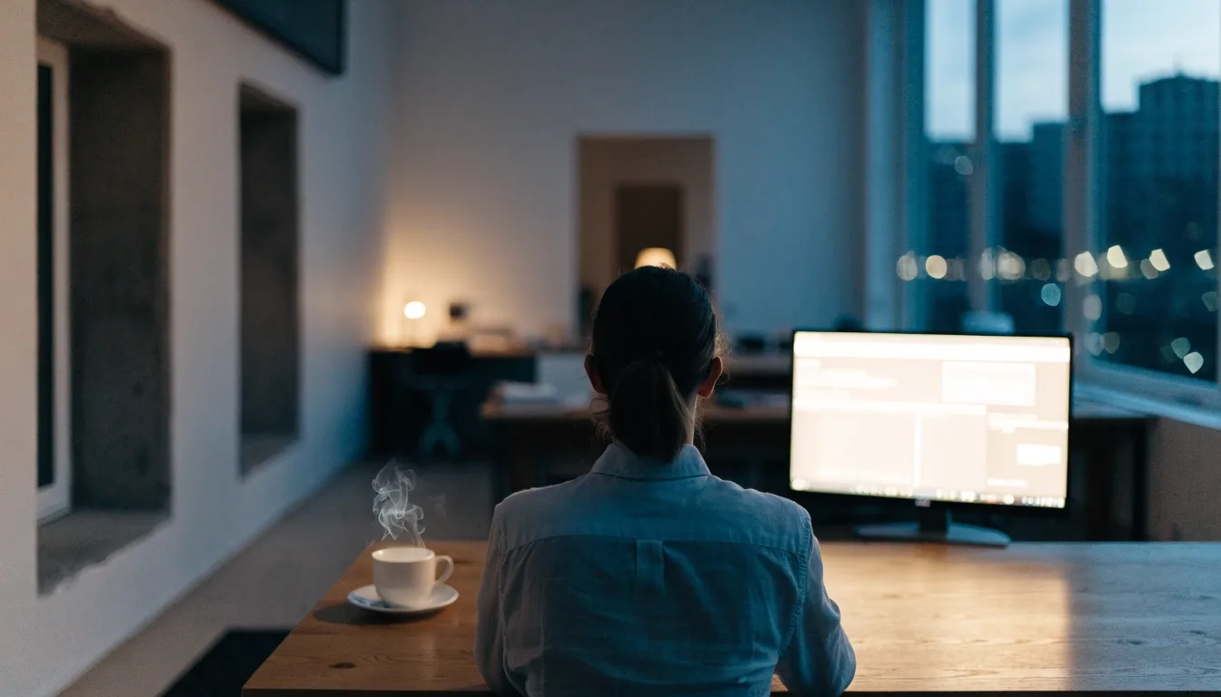 Arbeitsplatz eines Software-Beraters bei kühlem Abendlicht