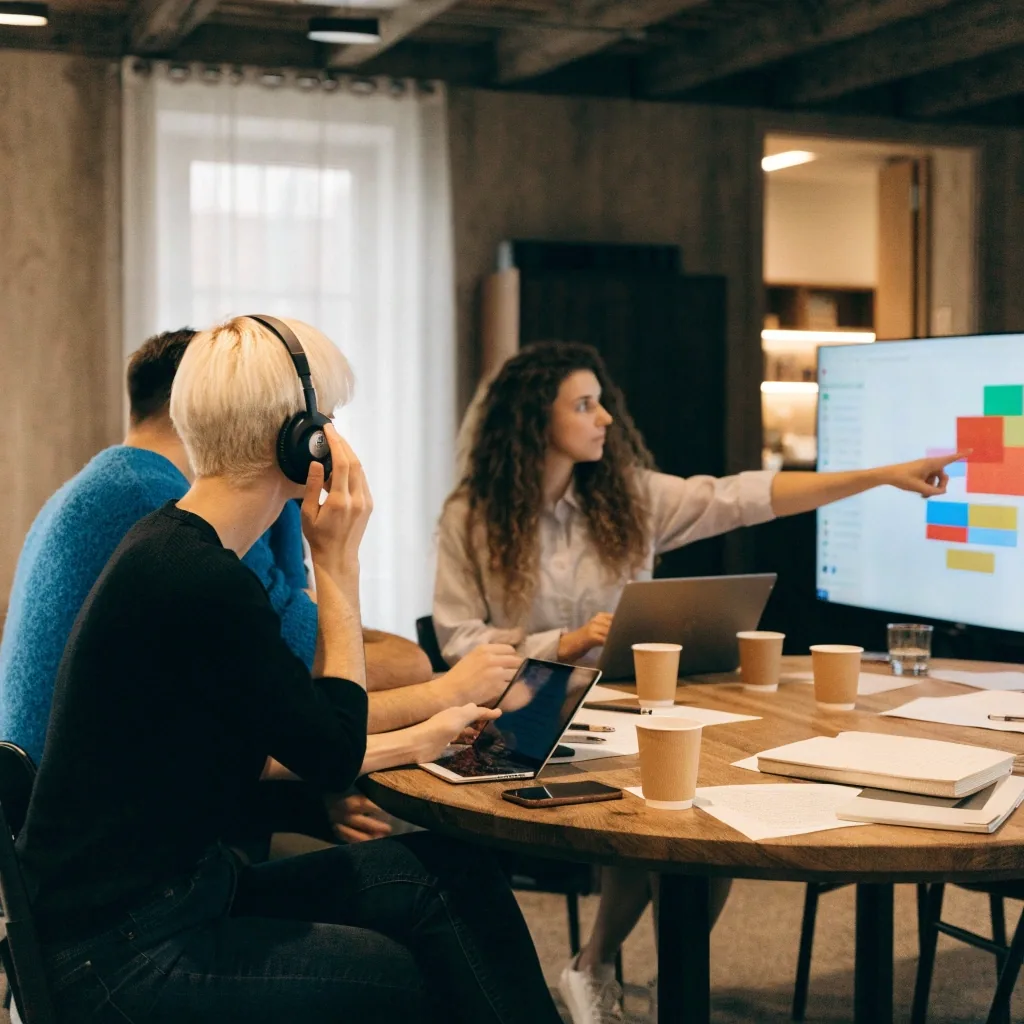Beratungsteam von Kryptiq Digital München bespricht Systemanforderungen an einem Werkstattisch
