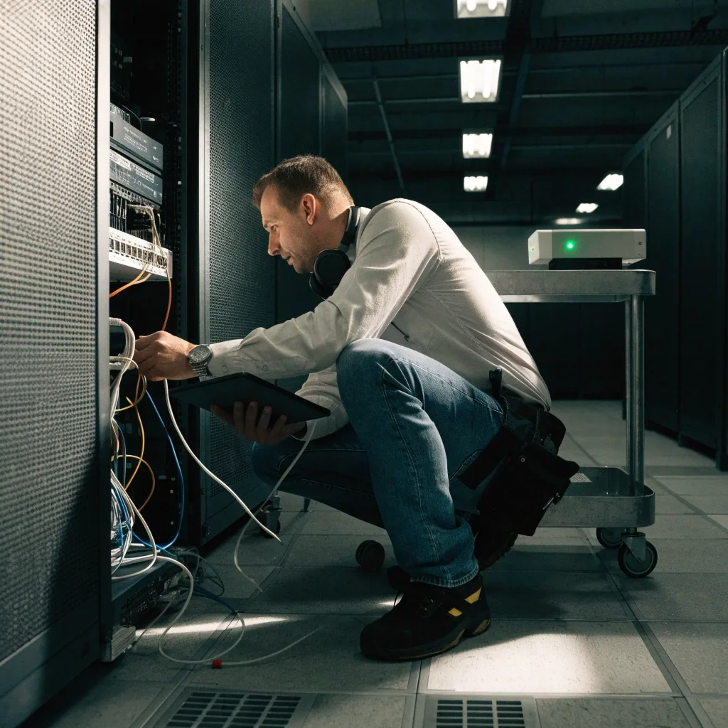 Hände einer Administratorin prüfen einen Ablauf und die zugehörige Überwachung.